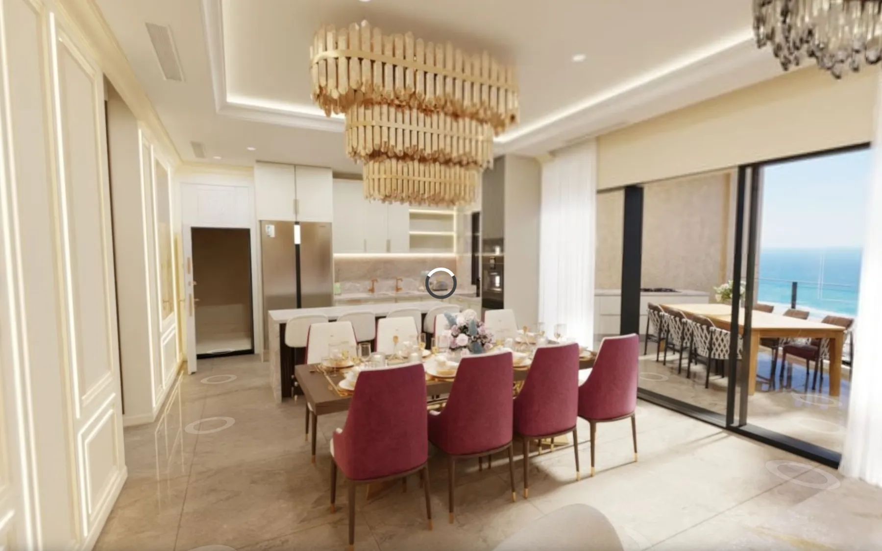 פינת האוכל בדירה המעוצבת בפרויקט CANADA ASHDOD, עם מרפסת מול הים